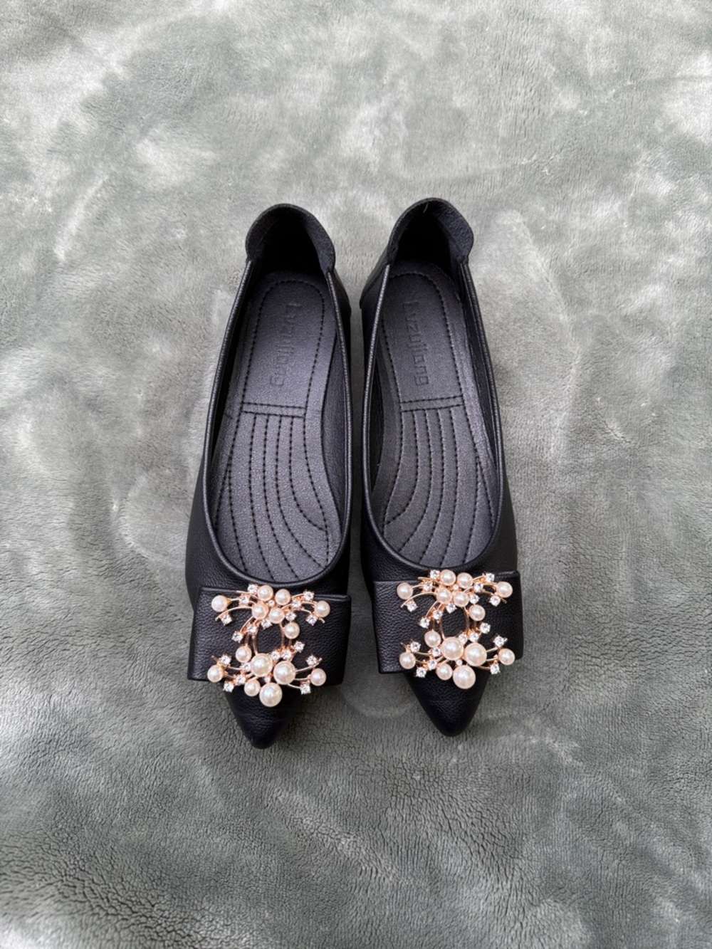 Black Pointed Toe Flats with Pearl & Crystal Brooch - Women